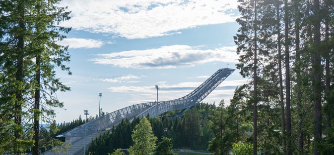 Photo of Holmenkollen ski jumping stadium and norwegian ski museum in Oslo, Norway.
