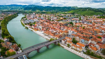 Capital of Slovenia, panoramic view with old town and castle.