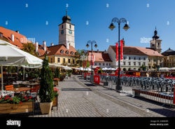 Photo of the Small Square piata mica, the second fortified square in the medieval Upper town of Sibiu city, Romania.