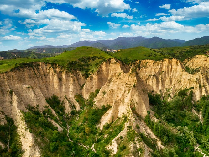 photo of view of Aerial view of the sand pyramids of Melnik, Bulgaria. Beautiful mountain landscape at spring., Melnik, Bulgaria.