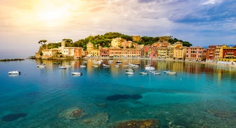 Photo of aerial view of Levanto or Levante, a beautiful fishing village in Liguria, Italy.