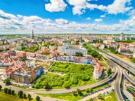 Photo of aerial view of beautiful architecture of the Bolkow castle and the city in Lower Silesia at summer, Poland