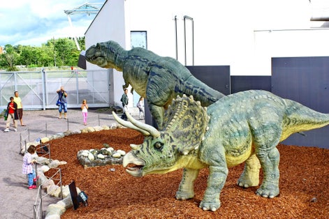 Photo of people look at Dinosaur exhibition in Finnish Science Centre Heureka  in Vantaa. 