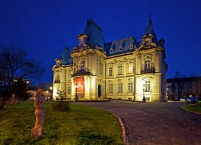 Antique building view in Old Town Bucharest city - capital of Romania and Dambrovita river. Bucharest, Romania, Europe.