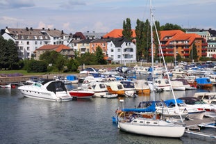 Photo of the Telemark Canal with old locks, tourist attraction in Skien, Norway.