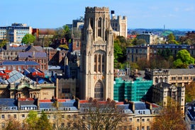 Aerial drone view of Manchester city in UK on a beautiful sunny day.