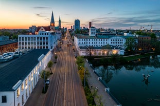 Photo of aerial view of Torun old town with Vistula river, Poland.