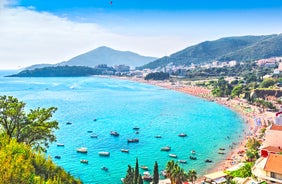 Photo of panoramic aerial view of old town of Budva, Montenegro.