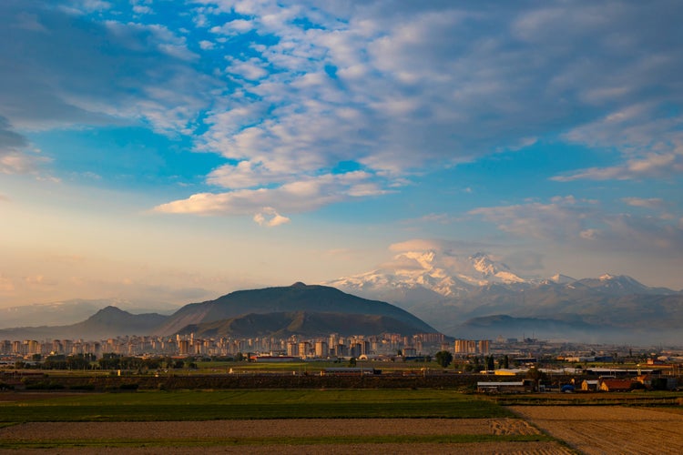 Photo of Kayseri city and Mount Erciyes at sunrise in the morning, Turkey.