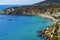 Photo of a panoramic view of the Cala de Hort cove in Ibiza Island, Spain .