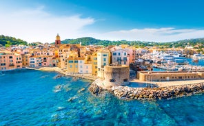 Photo of aerial cityscape view on French riviera with yachts in Cannes city, France.