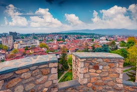 Photo of panoramic aerial view of Edessa Waterfall, Central Macedonia, Greece.