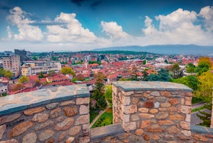 Aerial view of Samuel's Fortress and Plaosnik at Ohrid in North Macedonia.