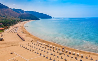 Photo of aerial view of beautiful coastal landscape with old town of Gaeta, Italy.