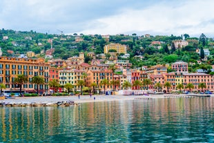 Photo of panoramic aerial view of town Rapallo in Liguria, Italy.