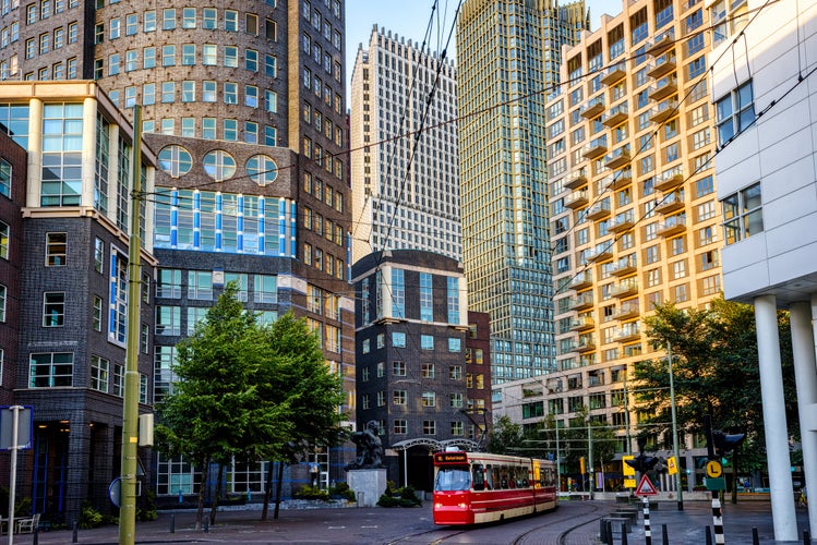 A red tram on a street in the Hague city center, South Holland, Netherlands