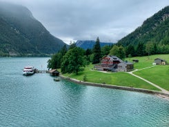 Photo of aerial view of beautiful landscape at the Achensee lake in Austria.