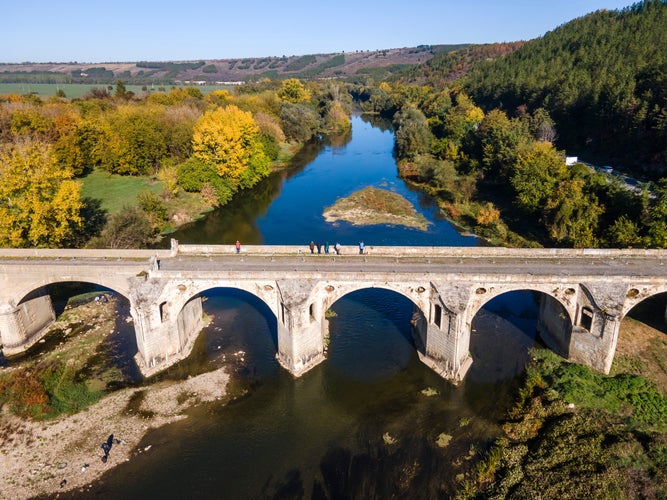 Aerial view of Nineteenth-century bridge over the Yantra River, known as the Kolyu Ficheto Bridge in Byala, Ruse region, Bulgaria