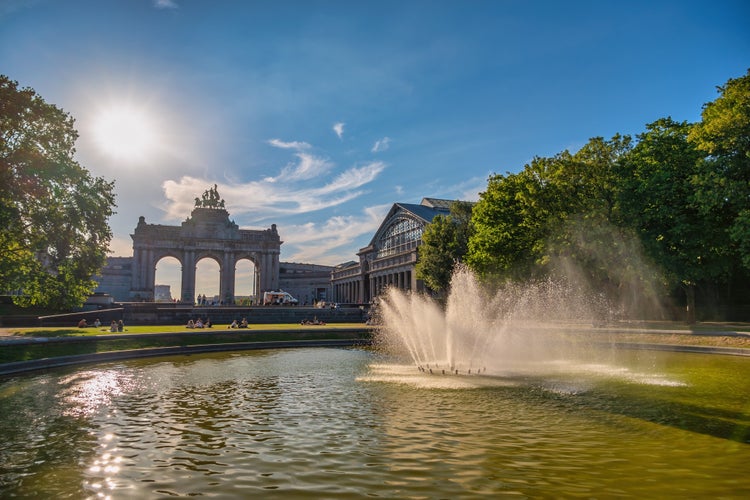  Brussels Belgium, city skyline at Arcade du Cinquantenaire of Brussels (Arc de Triomphe) and Square de la Bouteille.