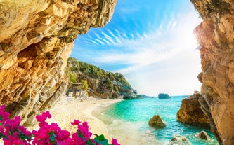 Photo of aerial view of Palaiokastritsa beach on Corfu islands, Greece.