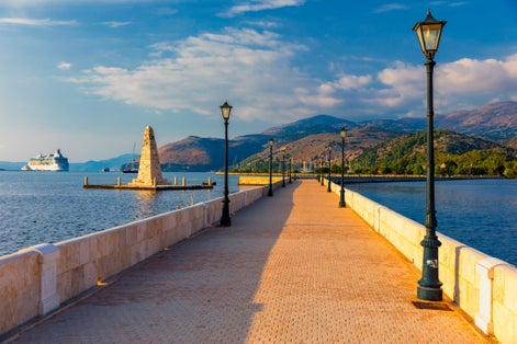 Photo of the De Bosset Bridge in Argostoli city on the beach, Kefalonia island.