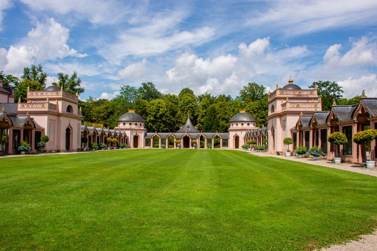 Photo of Schwetzingen Palace Gardens and pink Mosque built around 1780 in Germany