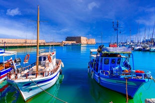 Photo of aerial view of the old Venetian harbor of Rethimno, Crete, Greece.