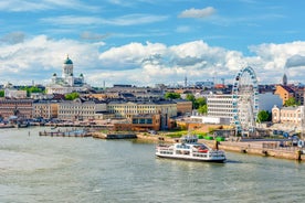 Early autumn morning panorama of the Port of Turku, Finland, with Turku Castle at background.