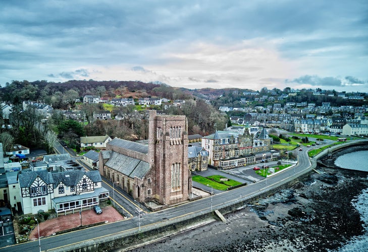 photo of view of Oban Cathedral on the Corran Esplanade, Oban.