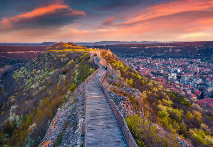 photo of adorable sunset on Fortress. Colorful spring cityscape of Provadia town, located in a deep karst gorge along the Provadiya River, Bulgaria, Europe.