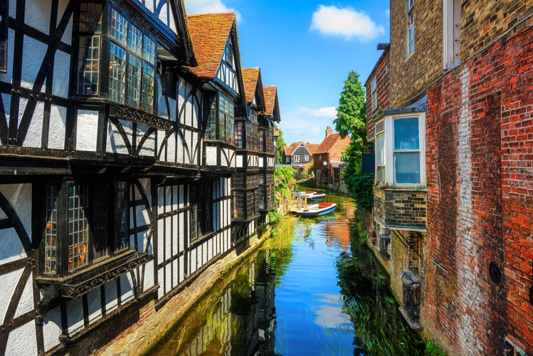 Medieval half-timbered houses on the Stour river in the Old town of Canterbury, Kent, England