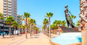 Photo of aerial panoramic view of Fuengirola city beach and marina, Fuengirola is a city on the Costa del Sol in the province of Malaga in the Andalusia, Spain.