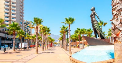 Photo of aerial panoramic view of Fuengirola city beach and marina, Fuengirola is a city on the Costa del Sol in the province of Malaga in the Andalusia, Spain.