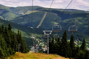 Photo of views from the barrage path of the dam in Spindleruv Mlyn Czech Republic on a gloomy summer day.