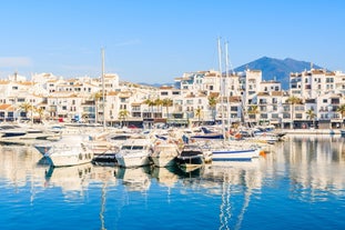 Photo of aerial panoramic view of Fuengirola city beach and marina, Fuengirola is a city on the Costa del Sol in the province of Malaga in the Andalusia, Spain.