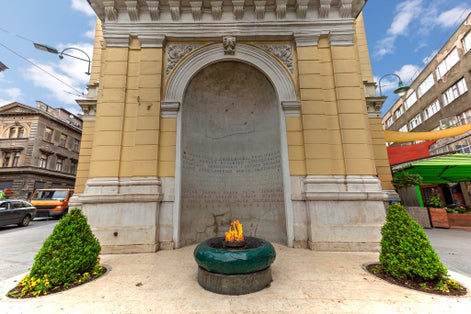 Photo of World War 2 memorial with eternal flame, in Sarajevo, Bosnia and Herzegovina.