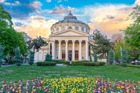 Antique building view in Old Town Bucharest city - capital of Romania and Dambrovita river. Bucharest, Romania, Europe.