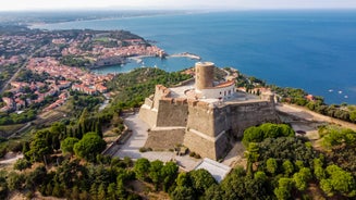 Photo of the Canal and Castle of Perpignan in springtime, Pyrenees-Orientales, France.