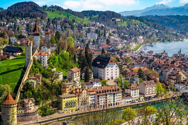 View over Lucerne with Museggmauer from castle Guetsch.