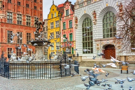 Fountain of the Neptune in old town of Gdansk, Poland