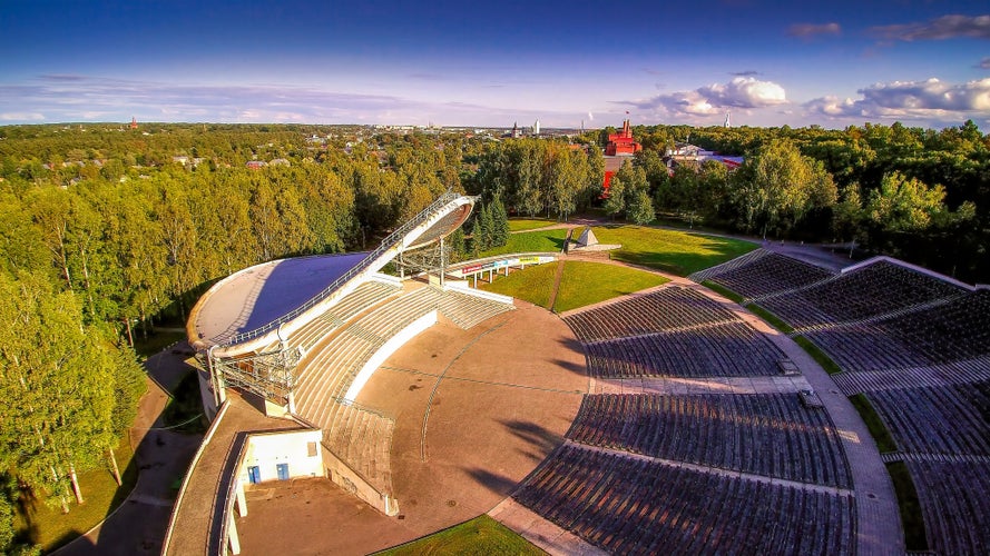 Aerial view of the Tartu city in Estonia. Seen are the trees and the song stage in the middle