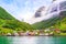 Photo of beautiful idyllic landscape of the fjord Naeroyfjord in Gudvangen, Norway.