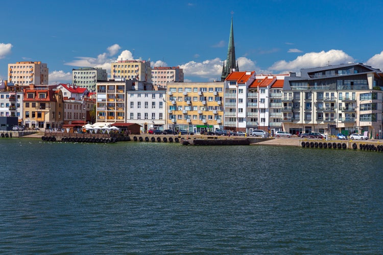 Swinoujscie. City embankment and bay on a sunny day.