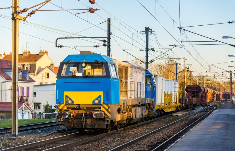 Photo of Diesel locomotive hauling a freight train at Montbeliard station ,France.