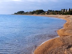 Photo of panoramic aerial view of Skala popular touristic destination in Lesvos island, Aegean sea, Greece.