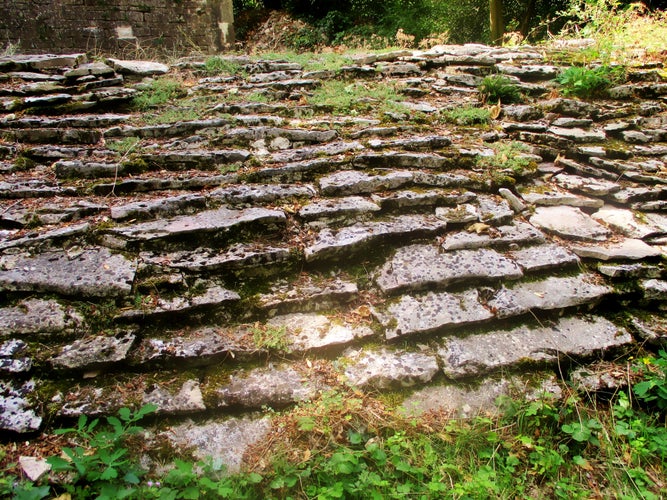 photo of view of Old traditional Burgundy roof of lauzes (stone tiles), overgrown with weeds and moss. Ruins of Château de Montaigu, France.