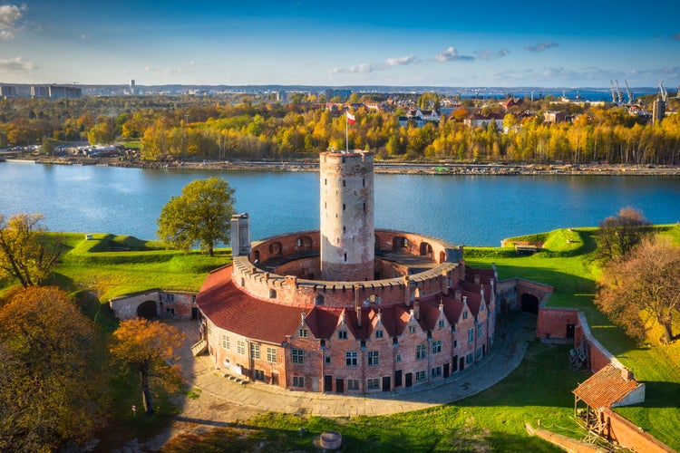 Photo of aerial landscape of the Wisloujscie fortress in autumnal scenery, Gdansk, Poland.