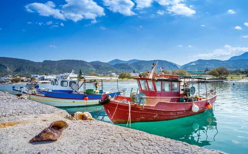 Photo of big shell in front of traditional fishing boats, Milatos, Crete, Greece.