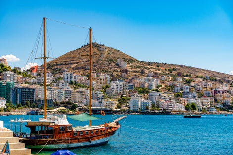 Saranda's city view ionian sea. Bright morning scene of Albania, Europe. Traveling concept background.