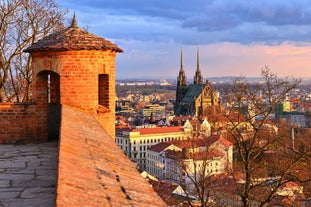 Photo of aerial view on Mikulov town in Czech Republic with Castle and bell tower of Saint Wenceslas Church.